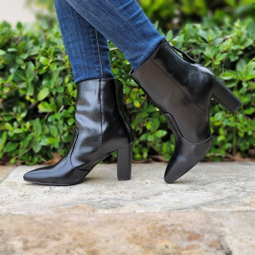 Black Ankle Zip Boots Pointed Toe Chunky Block Heels